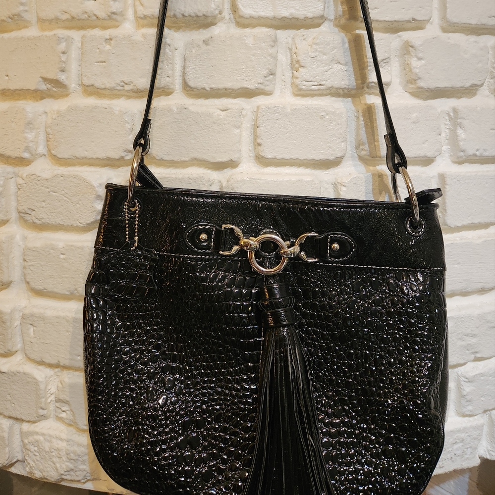 MC Black Patent  Leather Croc Print Crossbody Purse